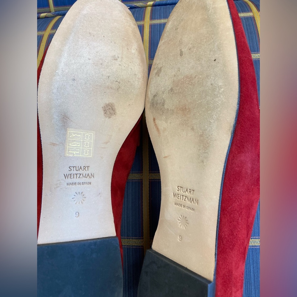 Stuart Weitzman Red Suede Loafers with Gold SW Accent - Picture 6 of 8